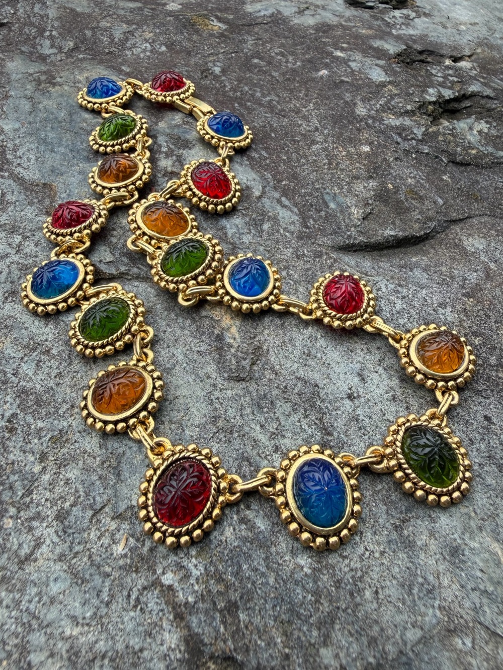 Vintage Gold Multicolor Carved Glass Cabochon Necklace Jewel Tone